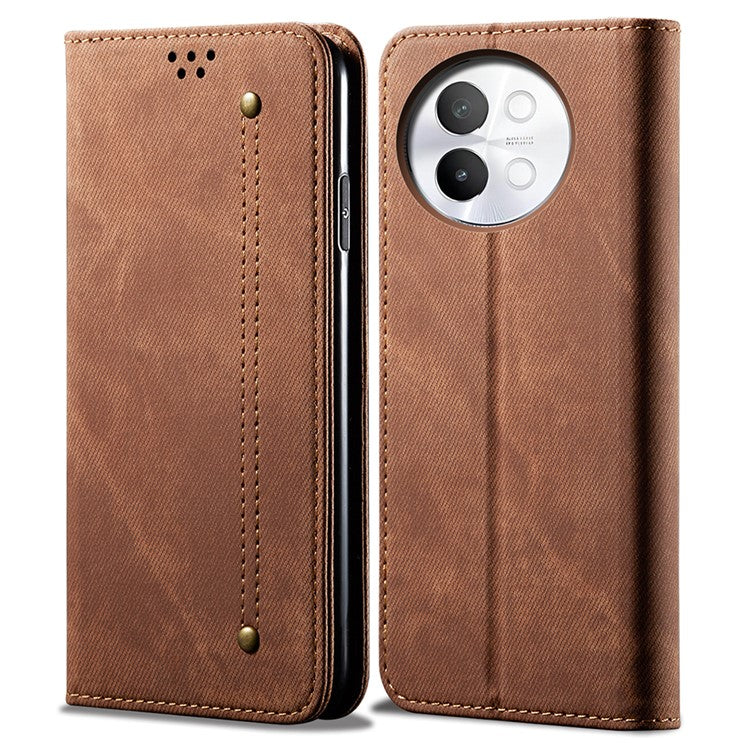 For vivo S18e 5G Phone Cover Stand Wallet Jeans Cloth Texture PU Leather Case - Coffee