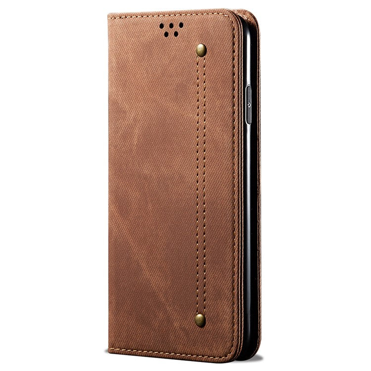 For vivo S18e 5G Phone Cover Stand Wallet Jeans Cloth Texture PU Leather Case - Coffee