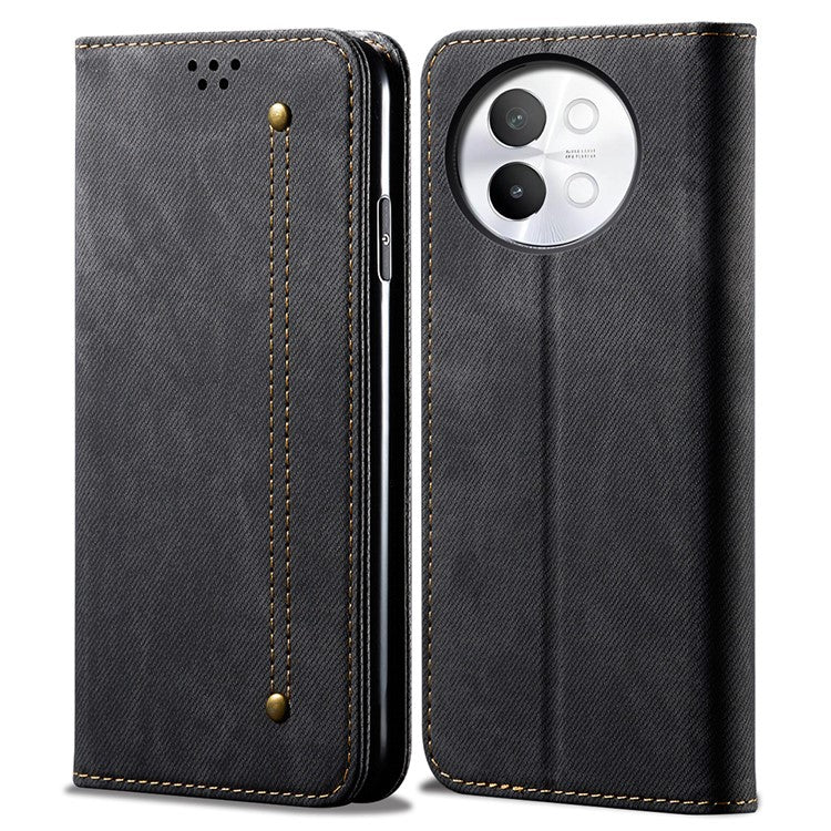 For vivo S18e 5G Phone Cover Stand Wallet Jeans Cloth Texture PU Leather Case - Black