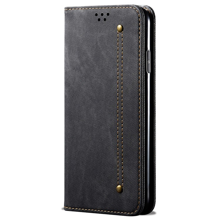 For vivo S18e 5G Phone Cover Stand Wallet Jeans Cloth Texture PU Leather Case - Black