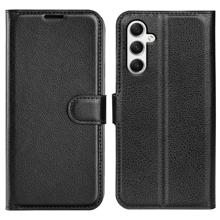 For Samsung Galaxy A35 5G Litchi Texture Wallet Case PU Leather Phone Stand Cover - Black