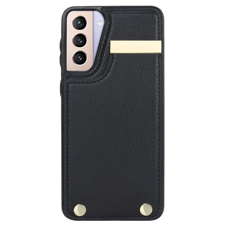 For Samsung Galaxy S21 5G / S21 4G Case Card Bag TPU+Leather Phone Back Cover with Metal Decor - Black