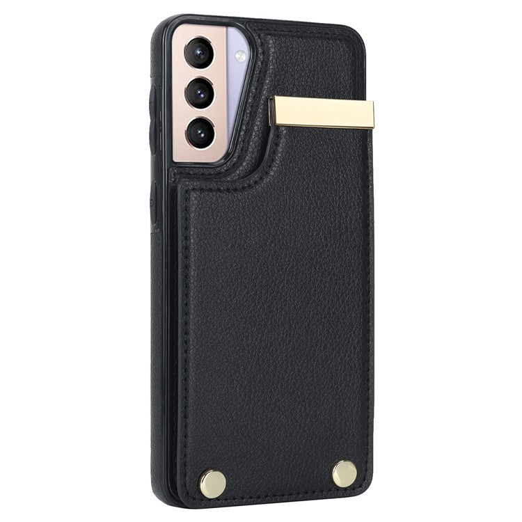 For Samsung Galaxy S21 5G / S21 4G Case Card Bag TPU+Leather Phone Back Cover with Metal Decor - Black