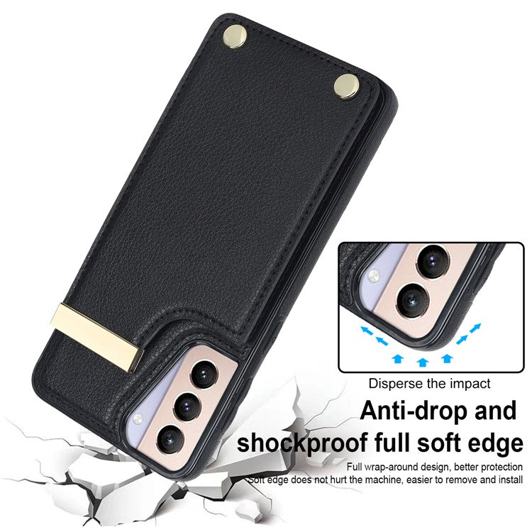 For Samsung Galaxy S21 5G / S21 4G Case Card Bag TPU+Leather Phone Back Cover with Metal Decor - Black