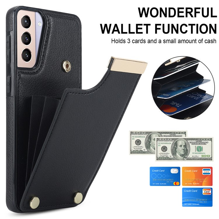 For Samsung Galaxy S21 5G / S21 4G Case Card Bag TPU+Leather Phone Back Cover with Metal Decor - Black