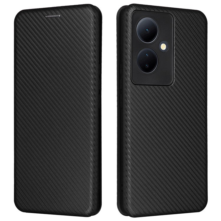 Card Holder Case for vivo V29 Lite 5G Leather Phone Cover Carbon Fiber Texture - Black