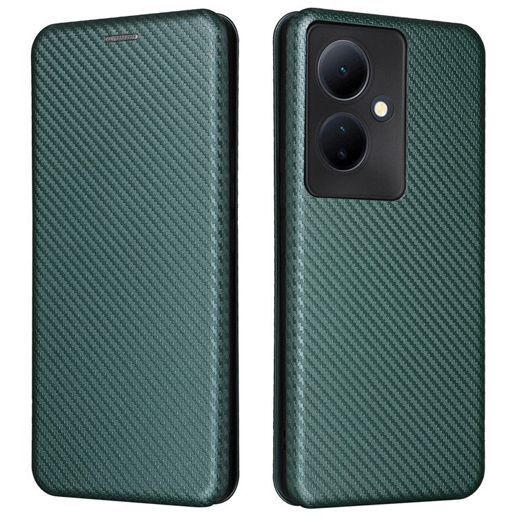 Card Holder Case for vivo V29 Lite 5G Leather Phone Cover Carbon Fiber Texture - Green