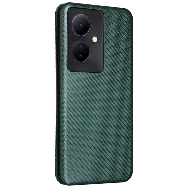 Card Holder Case for vivo V29 Lite 5G Leather Phone Cover Carbon Fiber Texture - Green