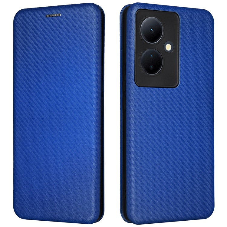 Card Holder Case for vivo V29 Lite 5G Leather Phone Cover Carbon Fiber Texture - Blue