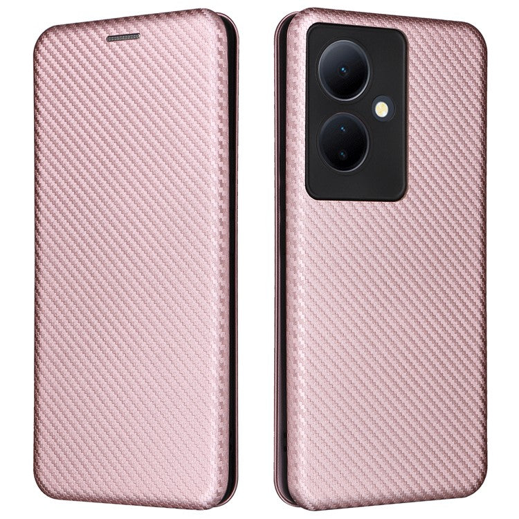 Card Holder Case for vivo V29 Lite 5G Leather Phone Cover Carbon Fiber Texture - Rose Gold