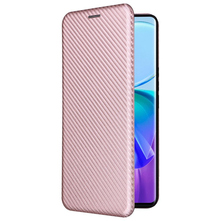 Card Holder Case for vivo V29 Lite 5G Leather Phone Cover Carbon Fiber Texture - Rose Gold