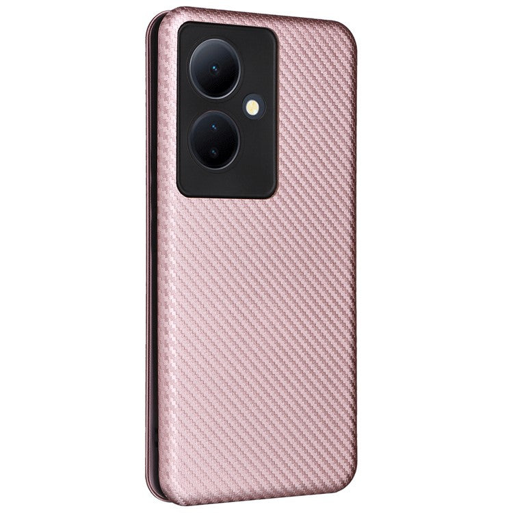 Card Holder Case for vivo V29 Lite 5G Leather Phone Cover Carbon Fiber Texture - Rose Gold