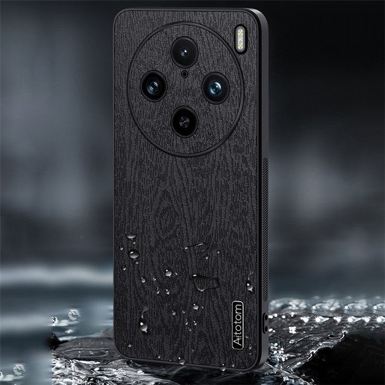 For vivo X100 Pro 5G Case Wood Grain PU+PC+TPU Shockproof Phone Cover - Black