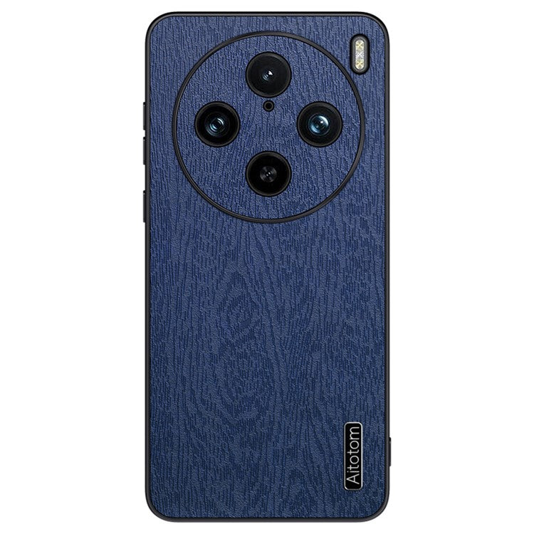 For vivo X100 Pro 5G Case Wood Grain PU+PC+TPU Shockproof Phone Cover - Blue