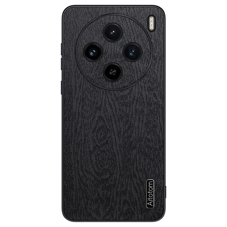 For vivo X100 5G Case Wood Grain PU Leather Coated PC+TPU Mobile Phone Cover - Black