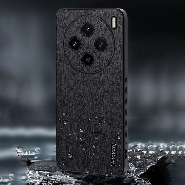 For vivo X100 5G Case Wood Grain PU Leather Coated PC+TPU Mobile Phone Cover - Black