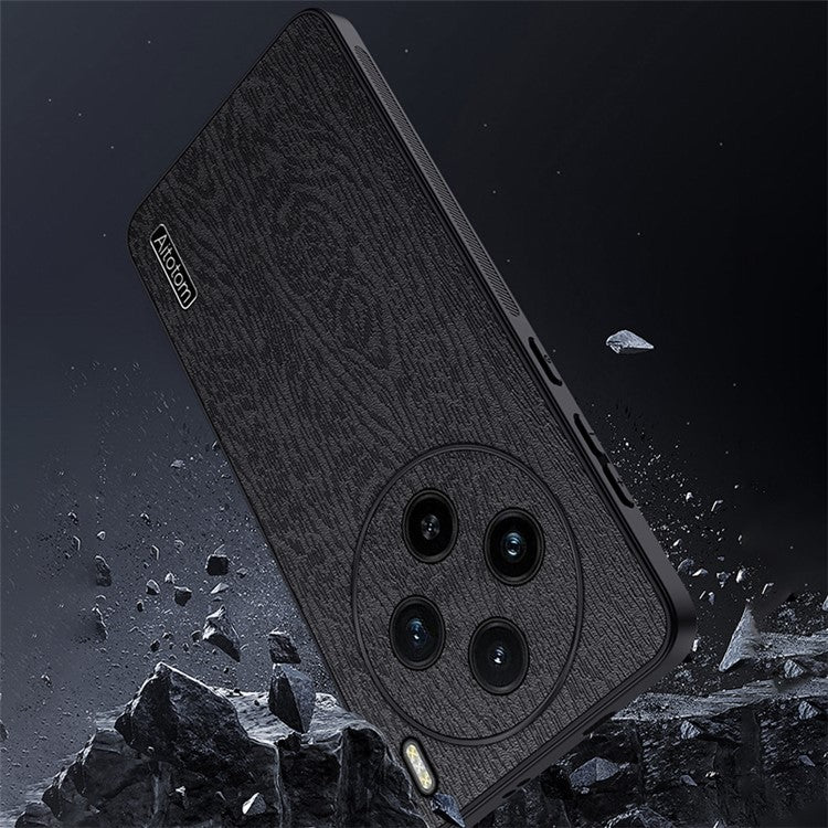 For vivo X100 5G Case Wood Grain PU Leather Coated PC+TPU Mobile Phone Cover - Black