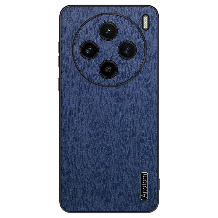 For vivo X100 5G Case Wood Grain PU Leather Coated PC+TPU Mobile Phone Cover - Blue