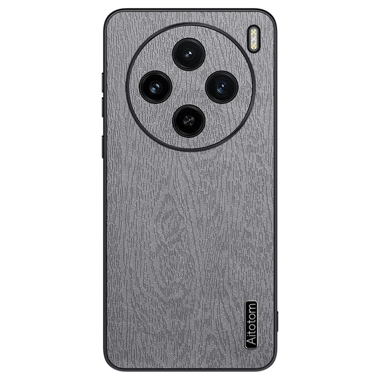 For vivo X100 5G Case Wood Grain PU Leather Coated PC+TPU Mobile Phone Cover - Grey