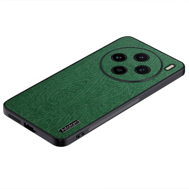 For vivo X100 5G Case Wood Grain PU Leather Coated PC+TPU Mobile Phone Cover - Green