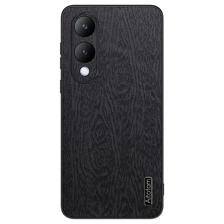 For vivo Y17s 4G Cell Phone Case Fall-proof Wood Grain PU+PC+TPU Back Cover - Black