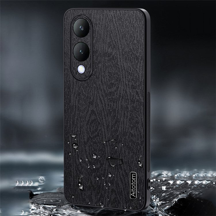 For vivo Y17s 4G Cell Phone Case Fall-proof Wood Grain PU+PC+TPU Back Cover - Black