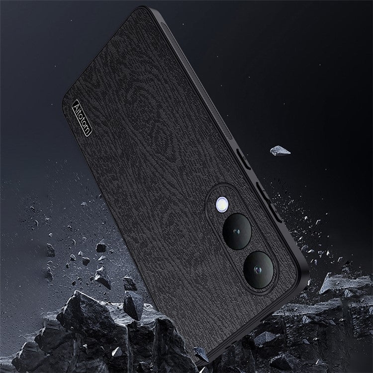 For vivo Y17s 4G Cell Phone Case Fall-proof Wood Grain PU+PC+TPU Back Cover - Black