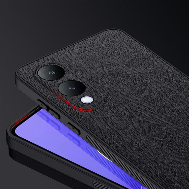 For vivo Y17s 4G Cell Phone Case Fall-proof Wood Grain PU+PC+TPU Back Cover - Black