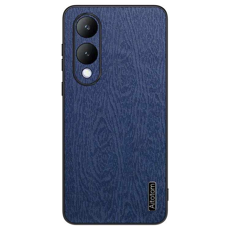 For vivo Y17s 4G Cell Phone Case Fall-proof Wood Grain PU+PC+TPU Back Cover - Blue