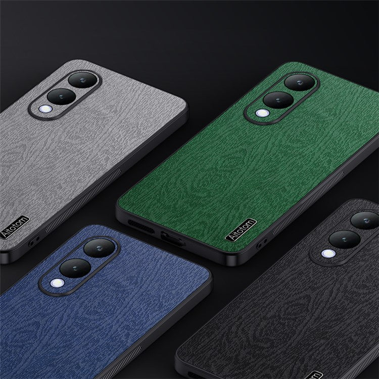 For vivo Y17s 4G Cell Phone Case Fall-proof Wood Grain PU+PC+TPU Back Cover - Blue