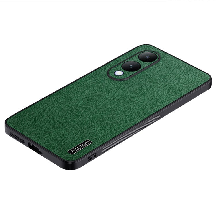 For vivo Y17s 4G Cell Phone Case Fall-proof Wood Grain PU+PC+TPU Back Cover - Green