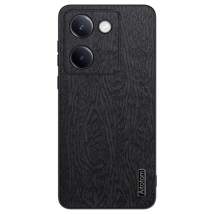 For vivo Y100i 5G Cell Phone Case Wood Grain PU+PC+TPU Protective Cover - Black