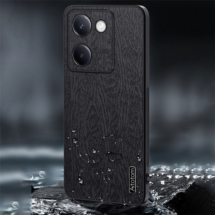 For vivo Y100i 5G Cell Phone Case Wood Grain PU+PC+TPU Protective Cover - Black