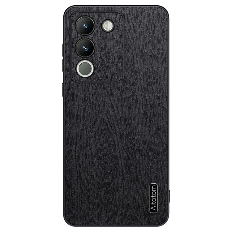 For vivo Y200 (India) 5G Cell Phone Case Wood Grain PU+PC+TPU Drop Resistant Cover - Black