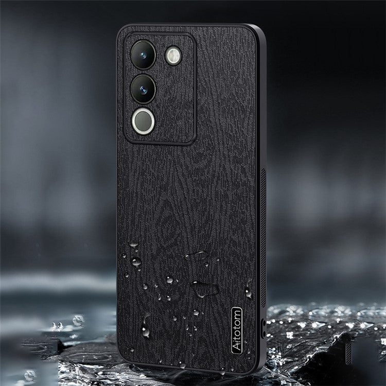 For vivo Y200 (India) 5G Cell Phone Case Wood Grain PU+PC+TPU Drop Resistant Cover - Black