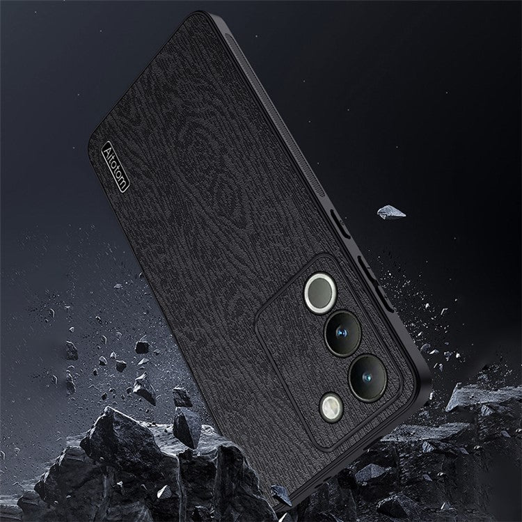 For vivo Y200 (India) 5G Cell Phone Case Wood Grain PU+PC+TPU Drop Resistant Cover - Black