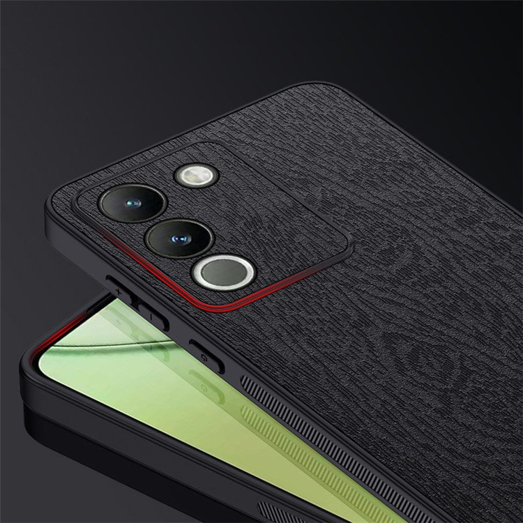 For vivo Y200 (India) 5G Cell Phone Case Wood Grain PU+PC+TPU Drop Resistant Cover - Black