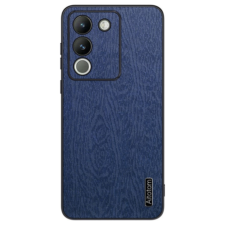 For vivo Y200 (India) 5G Cell Phone Case Wood Grain PU+PC+TPU Drop Resistant Cover - Blue