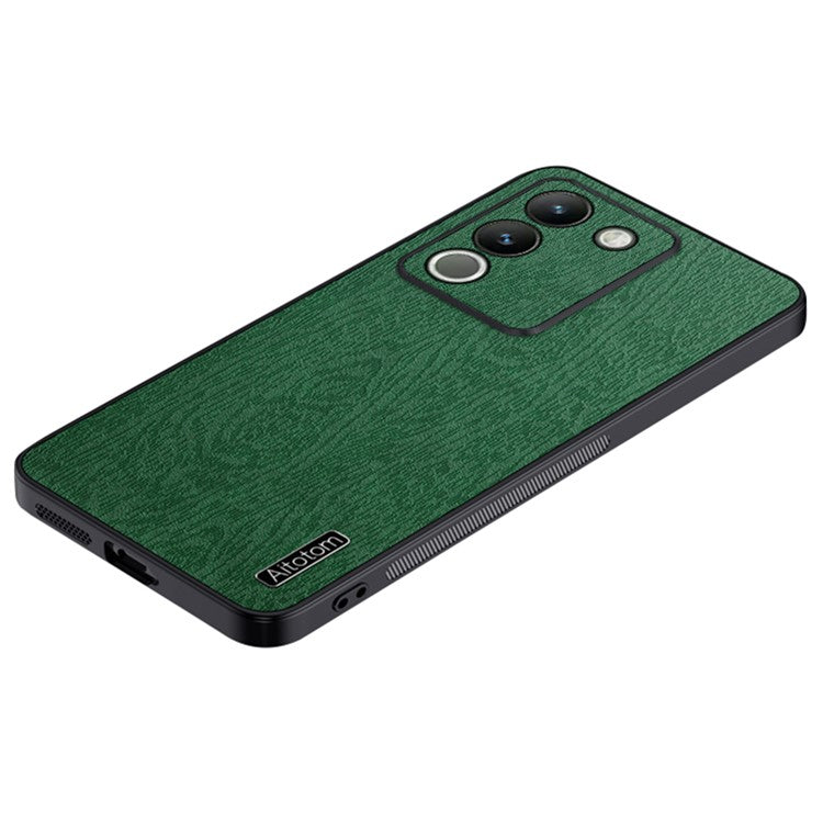 For vivo Y200 (India) 5G Cell Phone Case Wood Grain PU+PC+TPU Drop Resistant Cover - Green