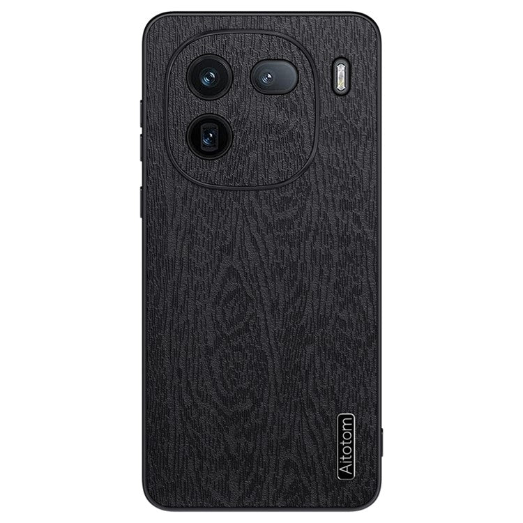 For vivo iQOO 12 5G Fingerprint Free Case Wood Grain PC+TPU+PU Cell Phone Cover - Black