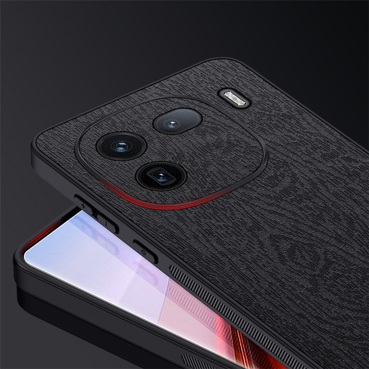 For vivo iQOO 12 5G Fingerprint Free Case Wood Grain PC+TPU+PU Cell Phone Cover - Black