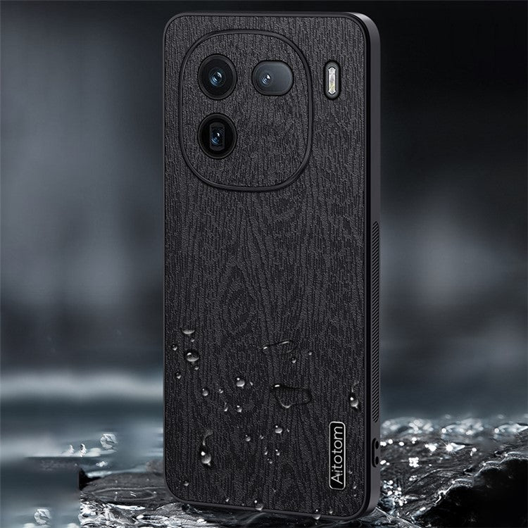 For vivo iQOO 12 5G Fingerprint Free Case Wood Grain PC+TPU+PU Cell Phone Cover - Black