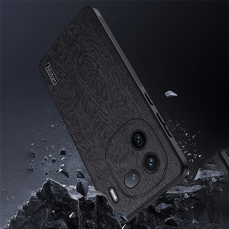 For vivo iQOO 12 5G Fingerprint Free Case Wood Grain PC+TPU+PU Cell Phone Cover - Black