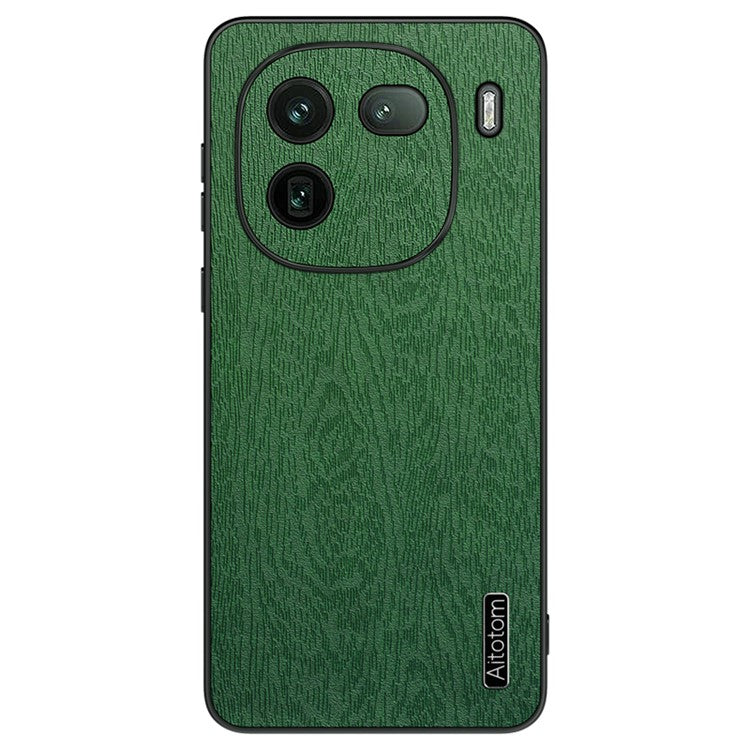 For vivo iQOO 12 5G Fingerprint Free Case Wood Grain PC+TPU+PU Cell Phone Cover - Green