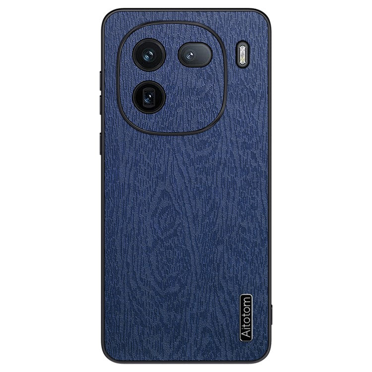 For vivo iQOO 12 5G Fingerprint Free Case Wood Grain PC+TPU+PU Cell Phone Cover - Blue