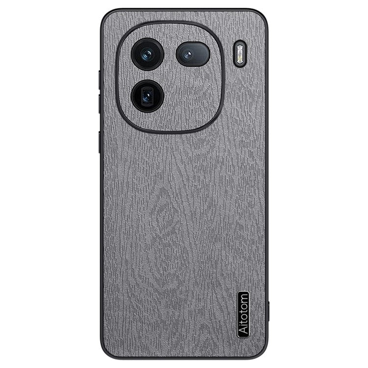 For vivo iQOO 12 5G Fingerprint Free Case Wood Grain PC+TPU+PU Cell Phone Cover - Grey