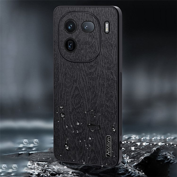 For vivo iQOO 12 Pro 5G Back Shell Wood Grain PU+PC+TPU Cell Phone Case - Black