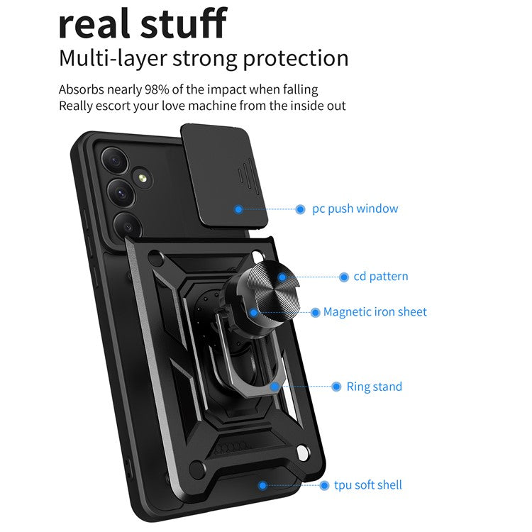 For Samsung Galaxy A55 5G Cell Phone Case Anti-dust Kickstand Cover with Slide Lens Protection - Black