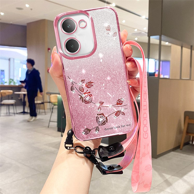 KADEM For vivo Y100i 5G Cover Glitter Flower Pattern Drop-proof TPU Cell Phone Case with Strap - Rose Gold