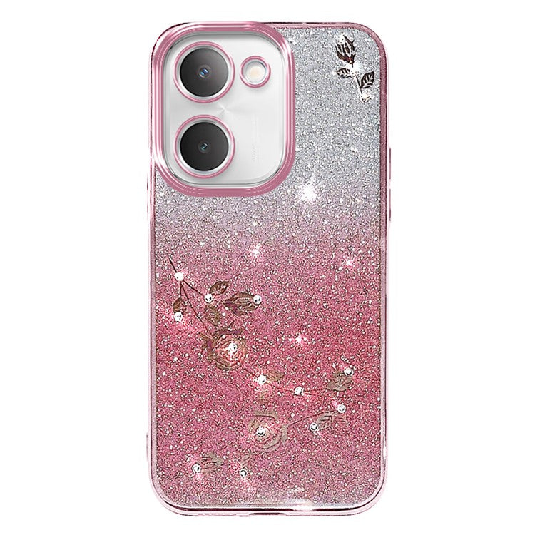 KADEM For vivo Y100i 5G Cover Glitter Flower Pattern Drop-proof TPU Cell Phone Case with Strap - Rose Gold